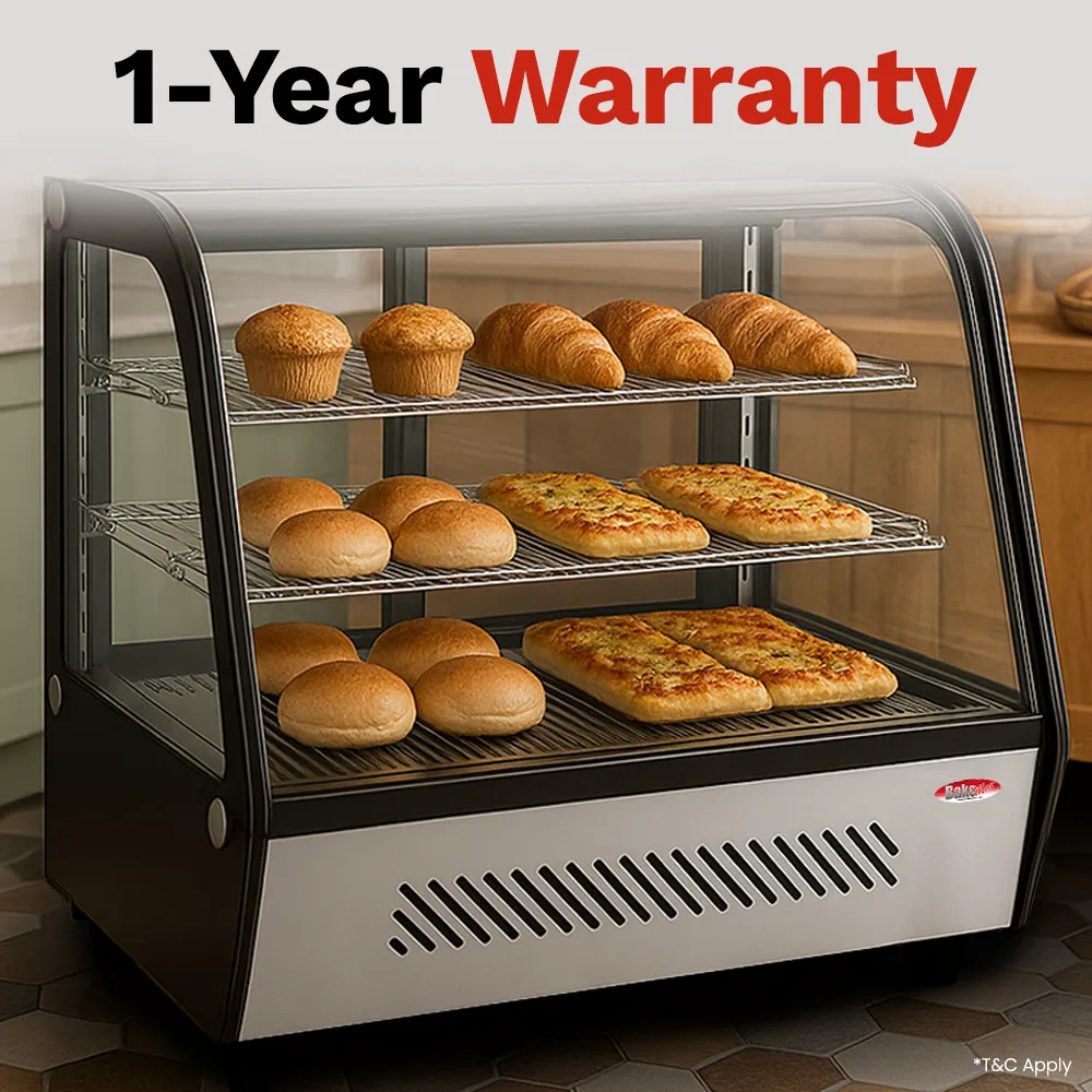BakeMax BMREF28 titan series Compact refrigerated countertop display case with curved glass front, Titan Series, 27.6-inch model.
