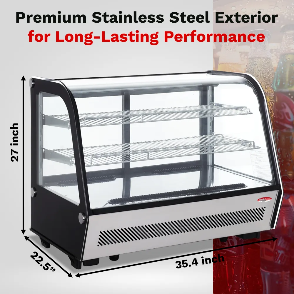 BakeMax BMREF35 titan series Countertop refrigerated display case with glass front and stainless steel frame, Titan Series, 35.4-inch wide.