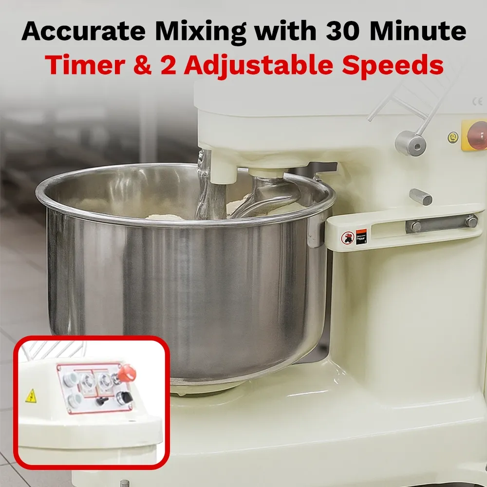 BakeMax compact spiral dough mixer handles medium dough batches, perfect for mid-size bakeries seeking consistent texture and high-volume output.
