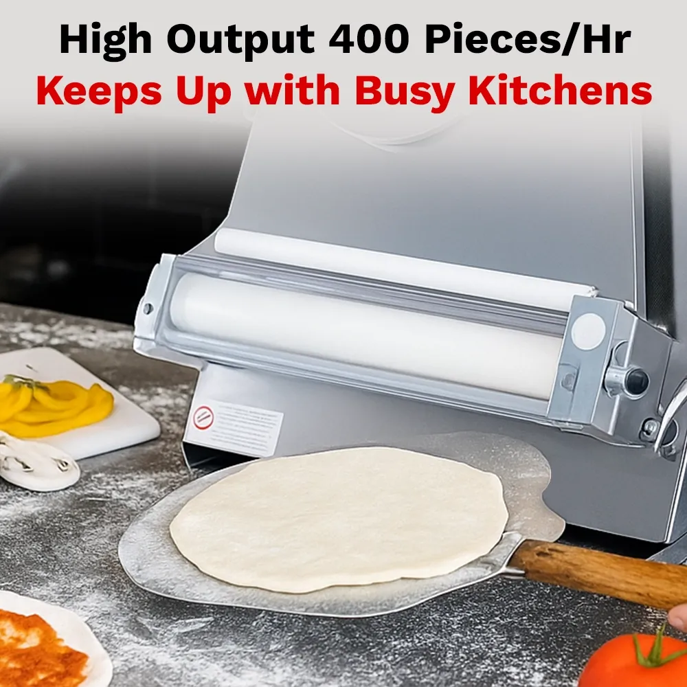 BakeMax Two-pass dough sheeter with compact countertop design, quiet operation, consistent results, easy to clean, ideal for bakery and pastry use.