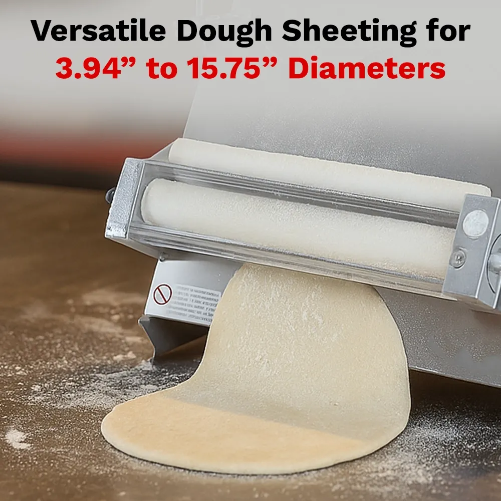 BakeMax Two-pass dough sheeter with compact countertop design, quiet operation, consistent results, easy to clean, ideal for bakery and pastry use.