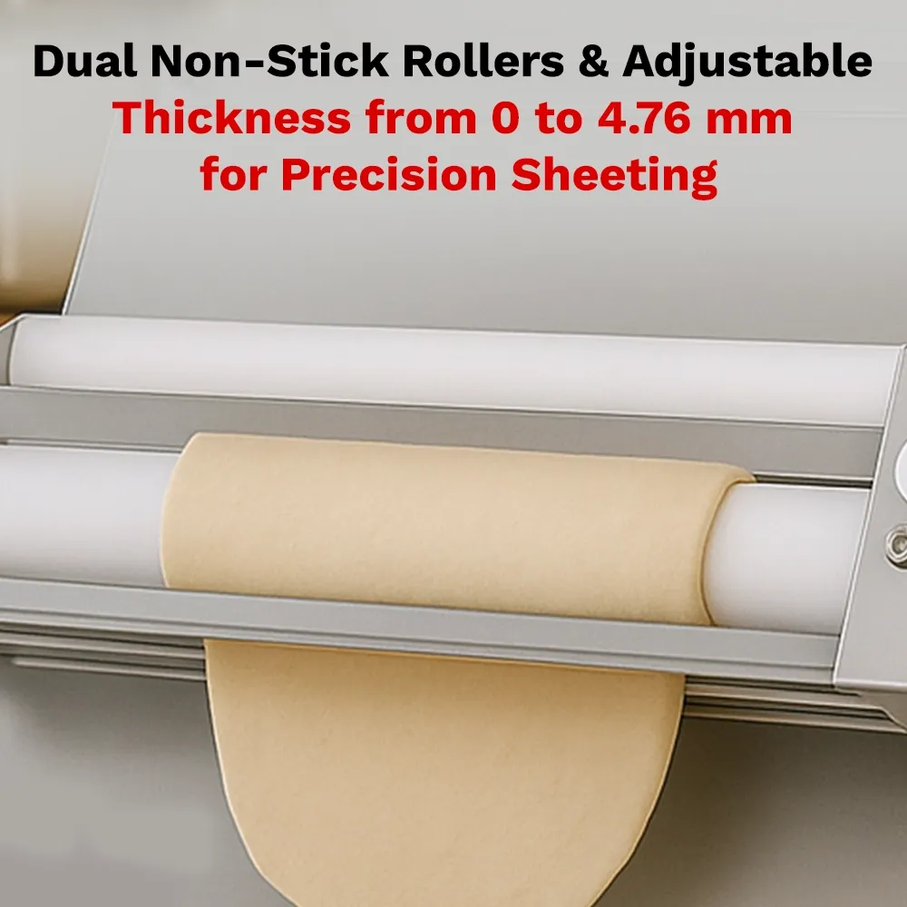BakeMax Two-pass dough sheeter with compact countertop design, quiet operation, consistent results, easy to clean, ideal for bakery and pastry use.