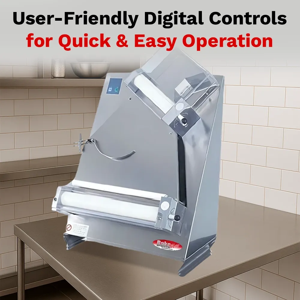 BakeMax Two-pass dough sheeter with compact countertop design, quiet operation, consistent results, easy to clean, ideal for bakery and pastry use.