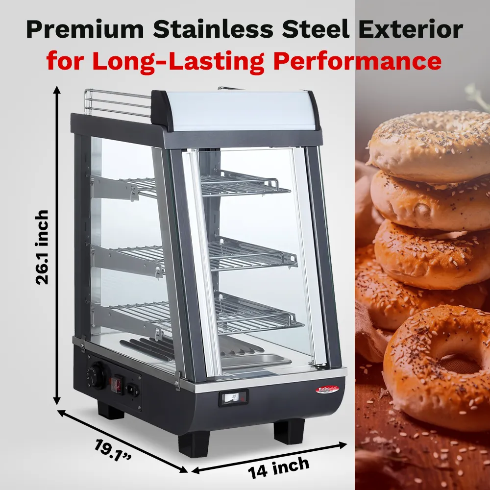 BakeMax Titan Series 14-inch compact heated countertop display case with stainless steel frame, clear glass housing, and warming interior shelves.