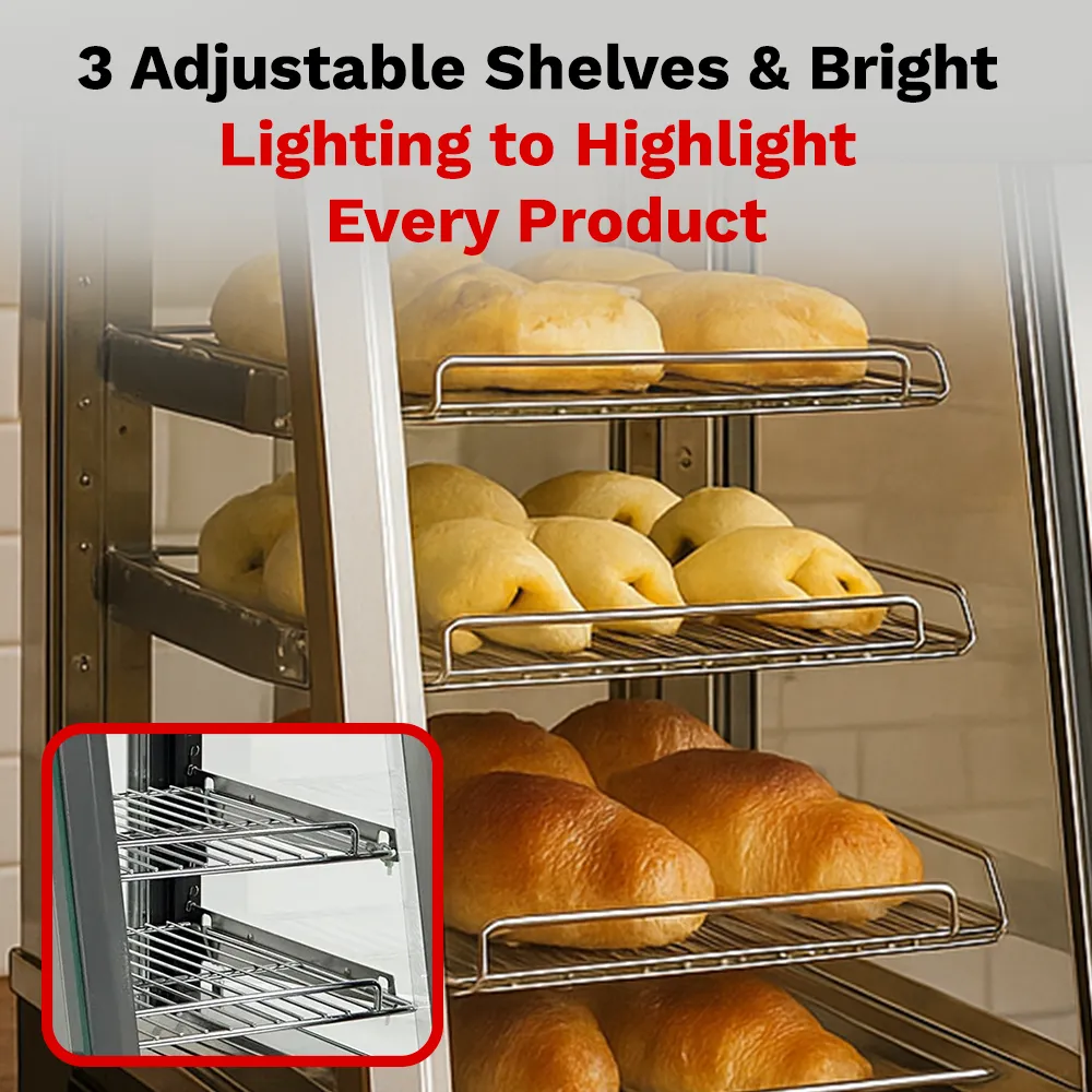 BakeMax Titan Series 14-inch compact heated countertop display case with stainless steel frame, clear glass housing, and warming interior shelves.