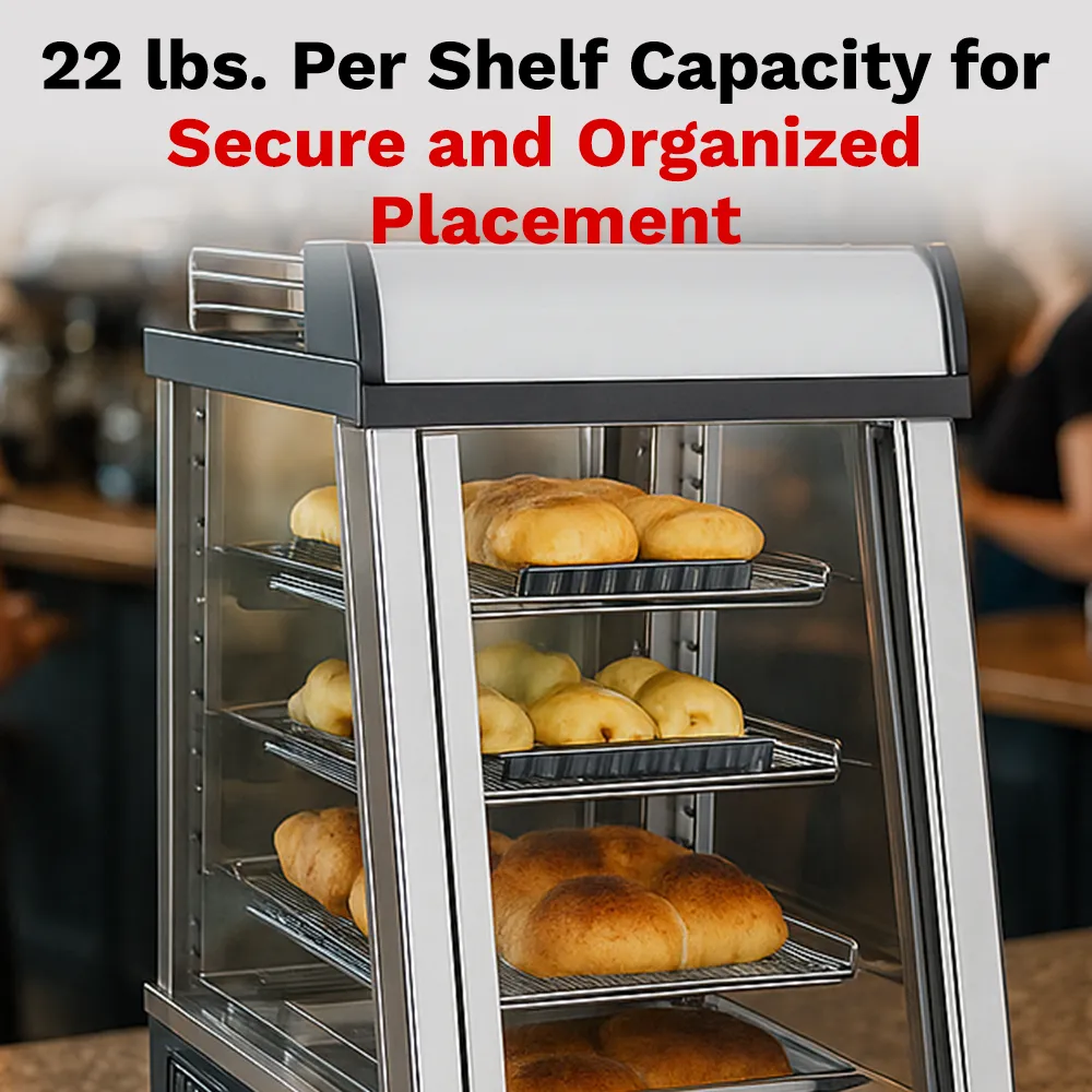 BakeMax Titan Series 14-inch compact heated countertop display case with stainless steel frame, clear glass housing, and warming interior shelves.