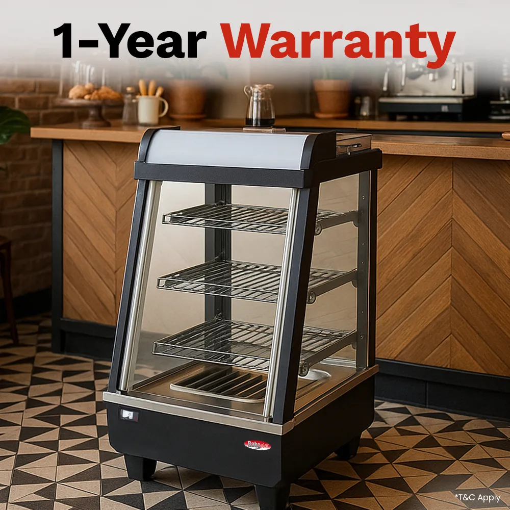 BakeMax Titan Series 14-inch compact heated countertop display case with stainless steel frame, clear glass housing, and warming interior shelves.
