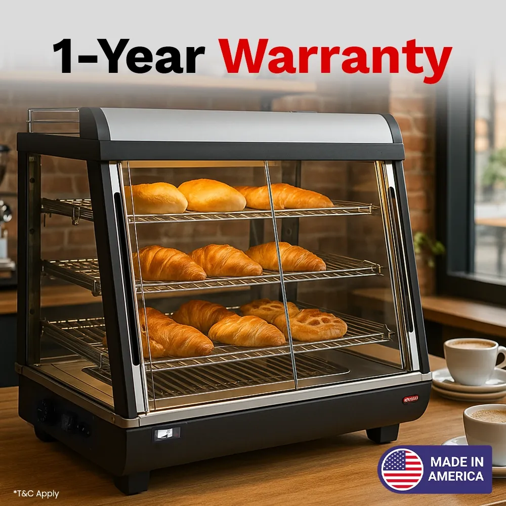 BakeMax BMTSC27 Countertop heated food display case, Titan Series with stainless steel body and clear glass front, 27-inch model.