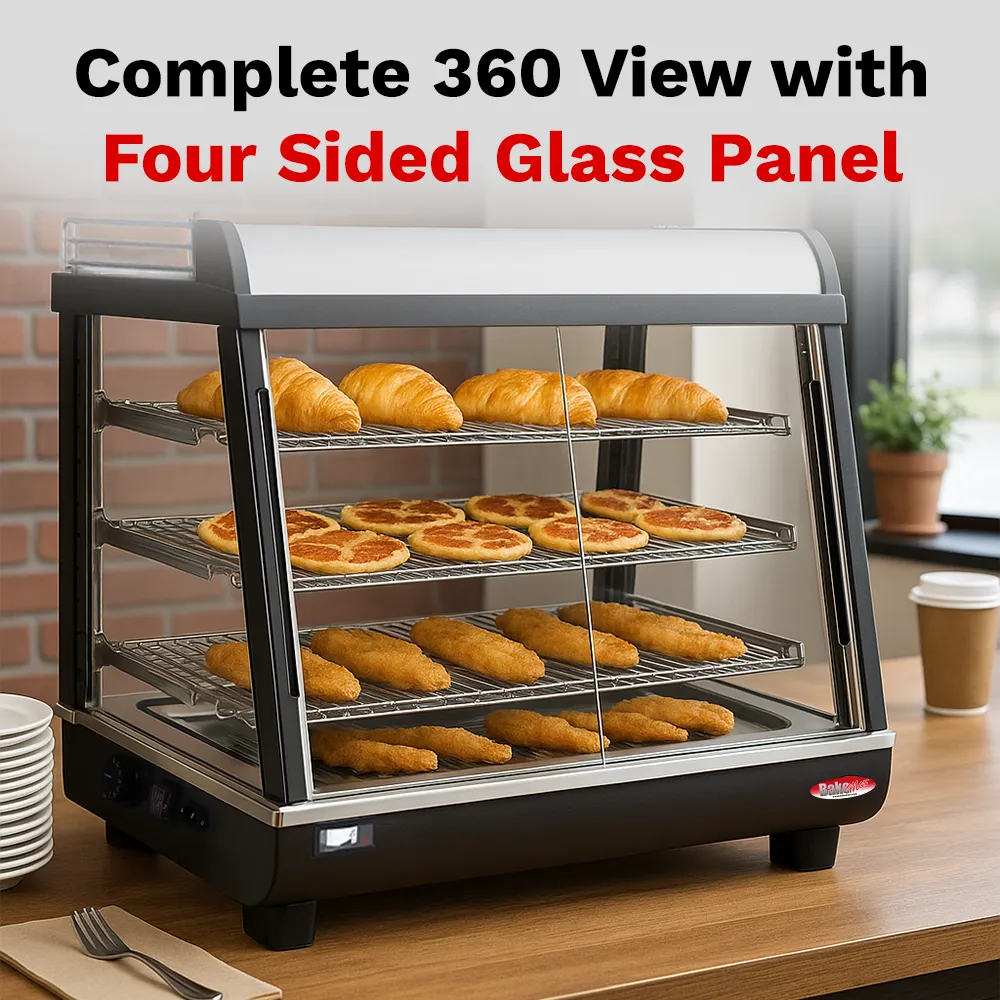 BakeMax BMTSC27 Countertop heated food display case, Titan Series with stainless steel body and clear glass front, 27-inch model.