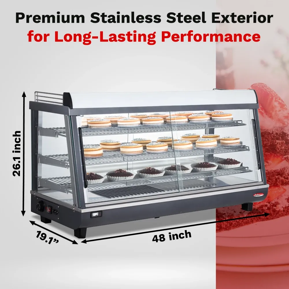BakeMax BMTSC48 Heated warmer and display case with glass front, countertop stainless steel design, Titan Series, 48-inch wide.