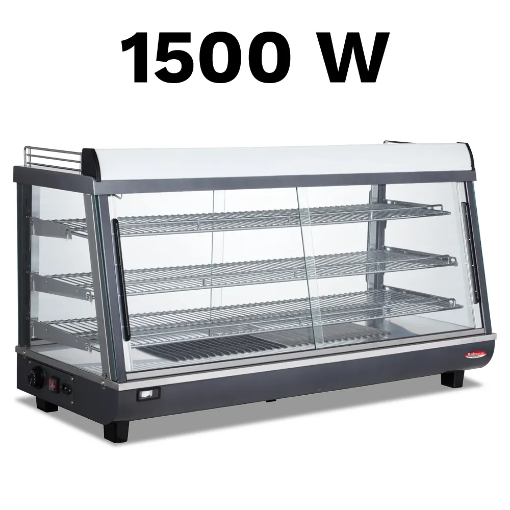 BakeMax BMTSC48 Heated warmer and display case with glass front, countertop stainless steel design, Titan Series, 48-inch wide.