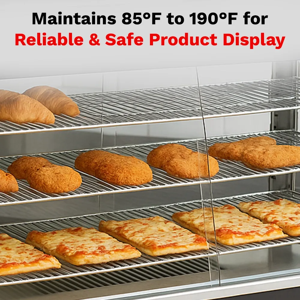 BakeMax BMTSC48 Heated warmer and display case with glass front, countertop stainless steel design, Titan Series, 48-inch wide.