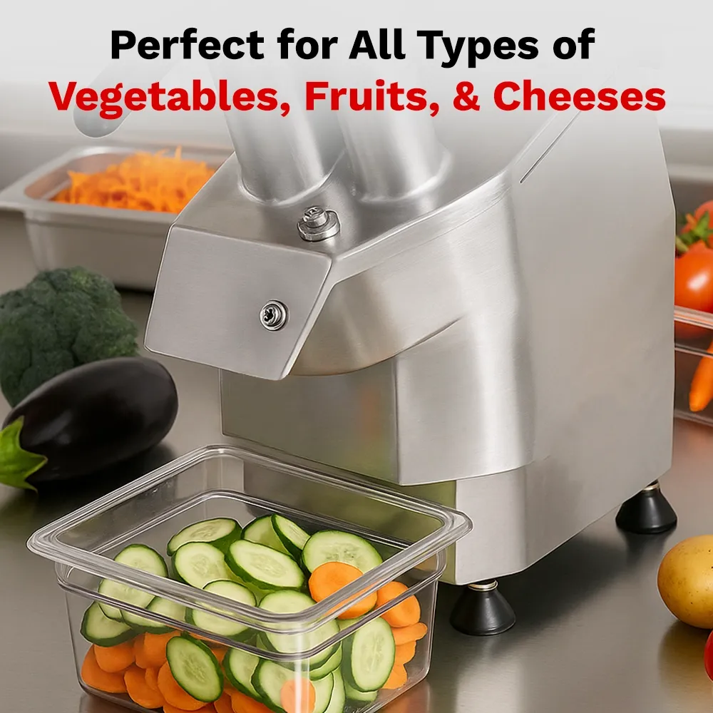 BakeMax Manual 20-inch vegetable cutter slices up to a thousand pounds per hour, ideal for fast salad prep in busy kitchens. Easy to clean design.