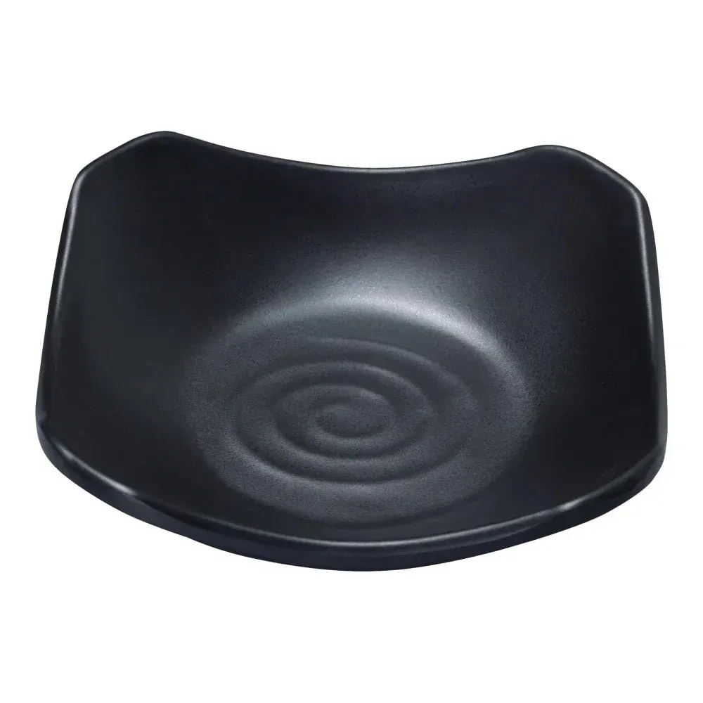 Black melamine square dish from Yanco China with a matte finish, perfect for serving small bites or appetizers in style, a durable set.