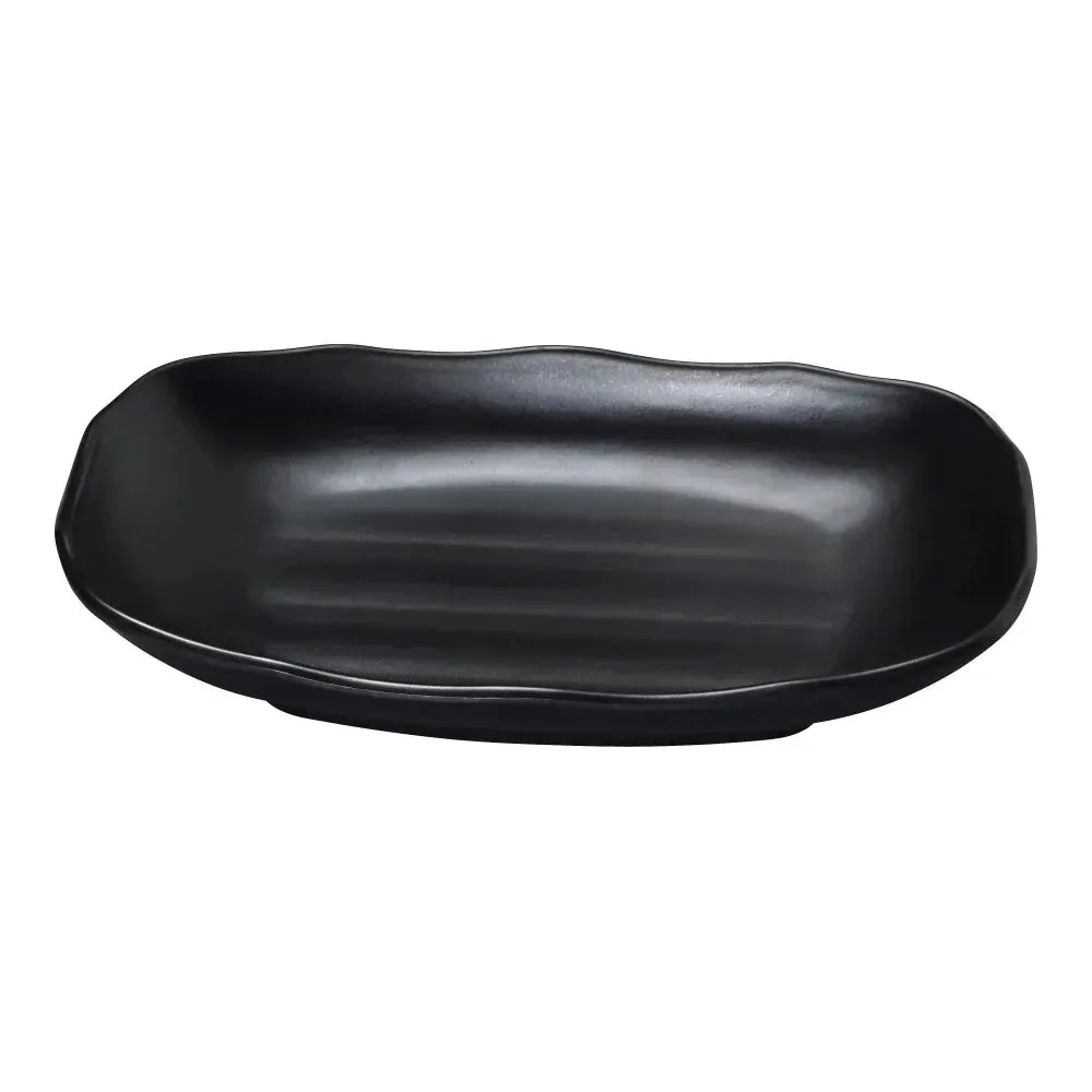 Matte black melamine medium rectangular bowl from Yanco China with a modern design, ideal for serving sides or snacks during casual dining.