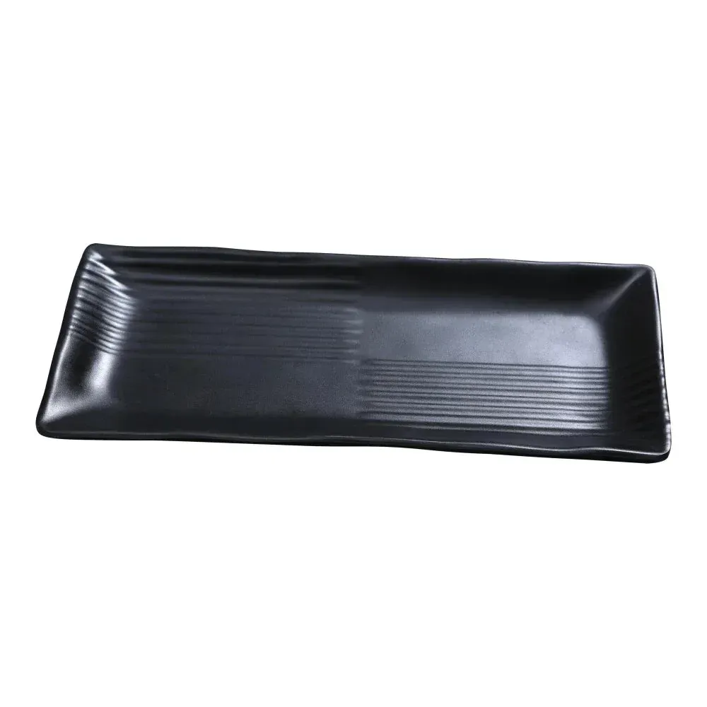 Matte black melamine small rectangular bowl by Yanco China with a sleek finish, great for sauces or condiments in restaurants or special events.