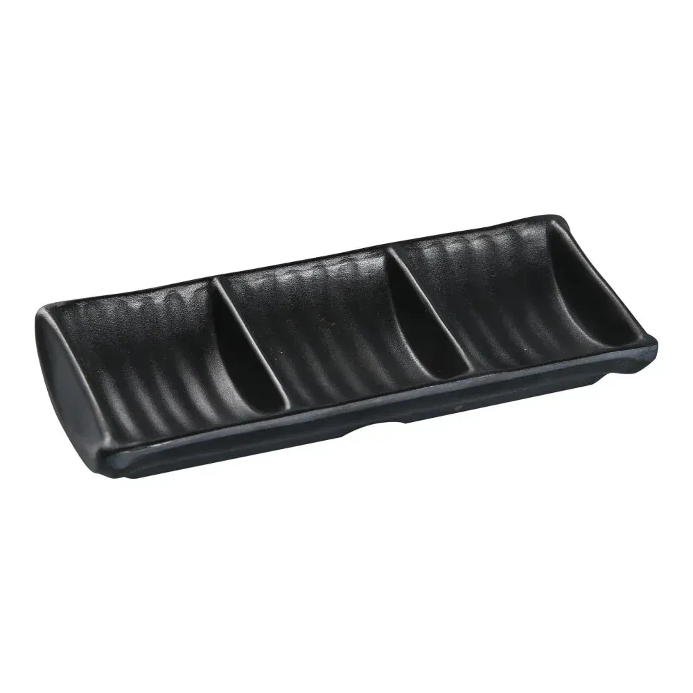 Matte finish black melamine triple sauce dish from Yanco China, designed for serving multiple condiments with a sleek, modern look.