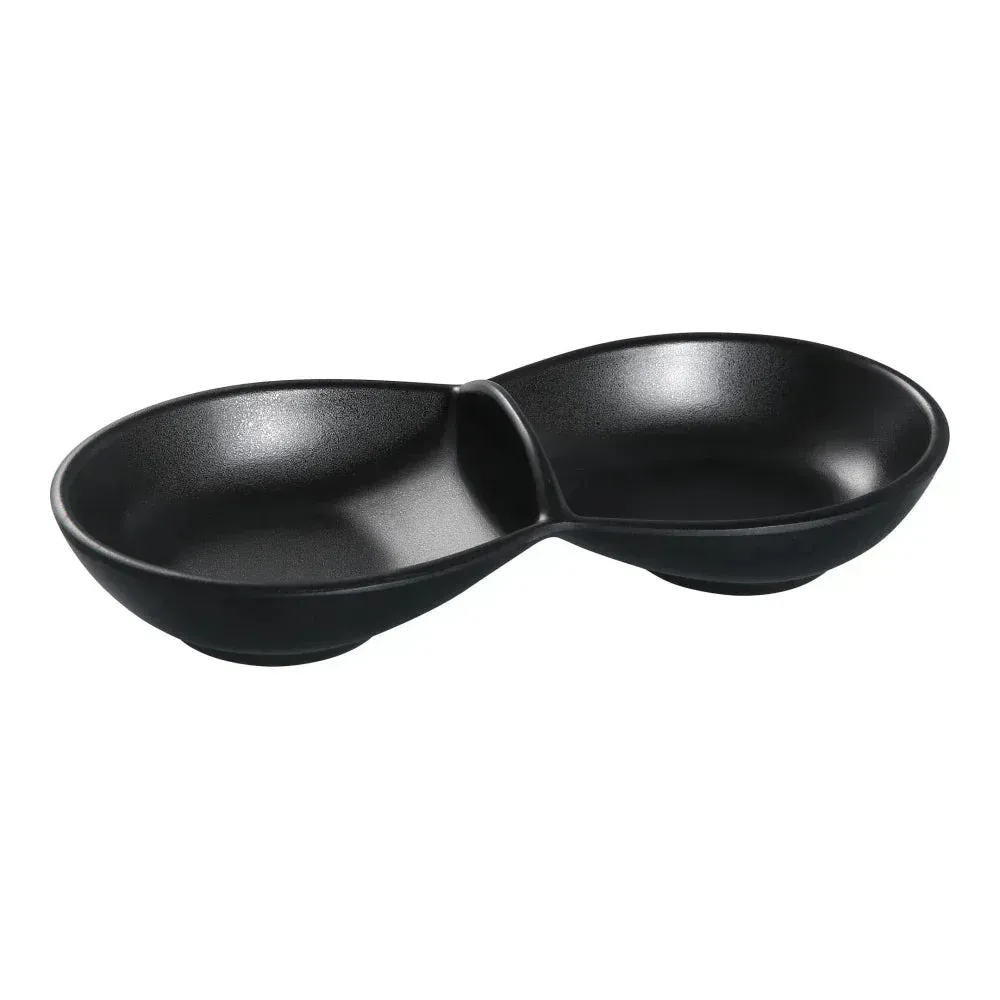 Black melamine double sauce dish from Yanco China with a matte finish, ideal for serving condiments in dining spaces while adding a modern touch.