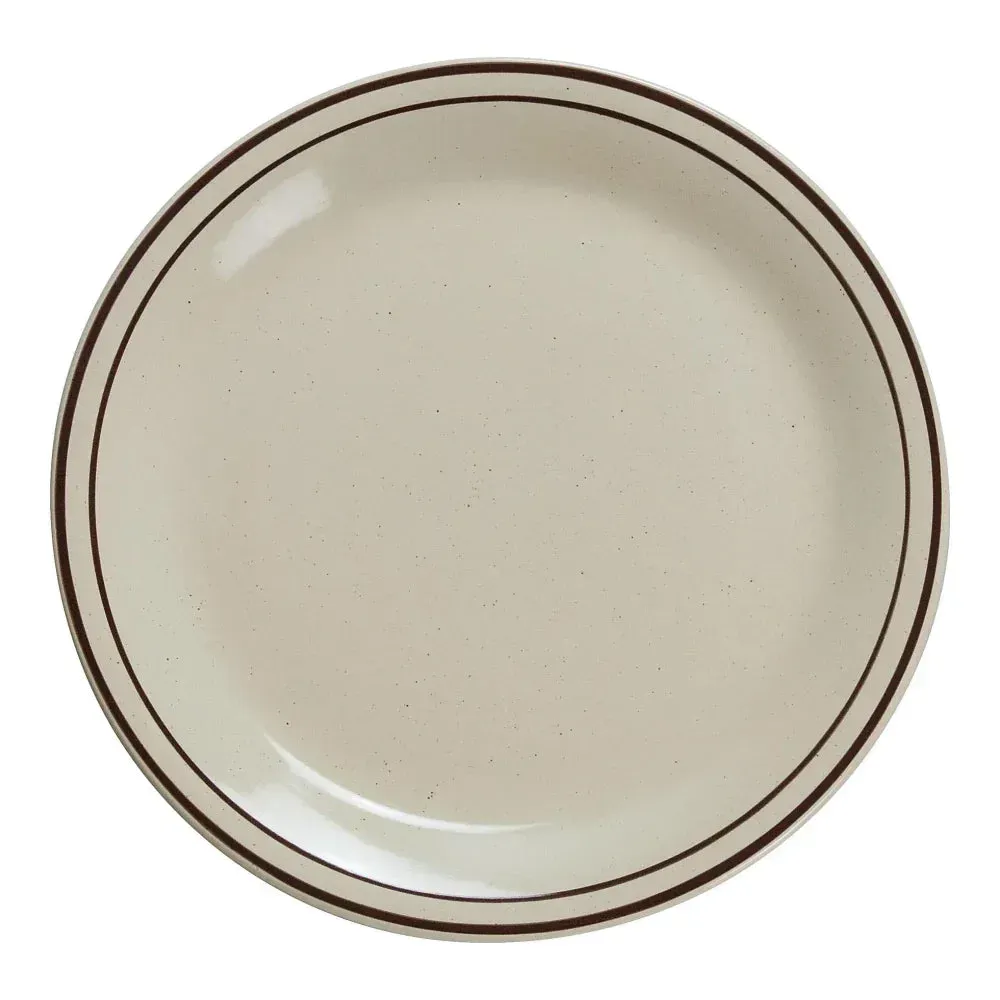 Brown speckled plate by Yanco China with warm rustic tones and a durable glaze, ideal for appetizers, desserts, or side dishes in casual dining.