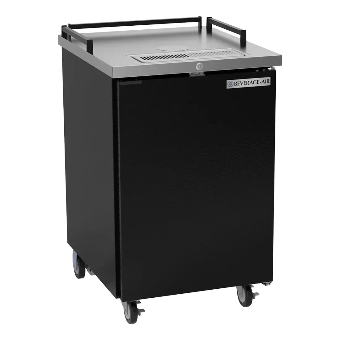 Black kegerator without tap tower by Beverage-Air accommodates one half-barrel keg, perfect for custom draft dispensing installations.