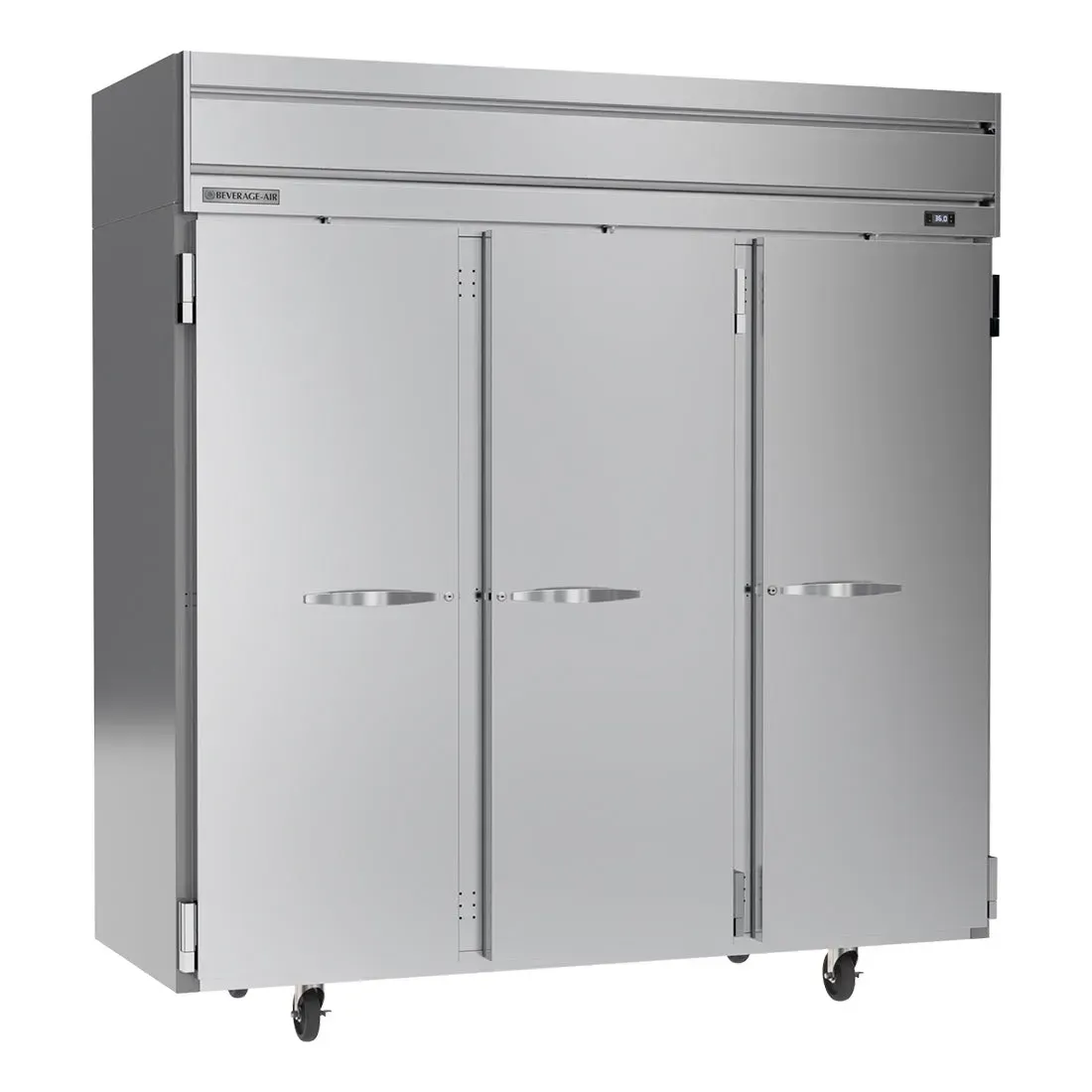 Beverage-Air triple solid-door reach-in refrigerator with top-mounted compressor towering in busy kitchens under bright service lights.