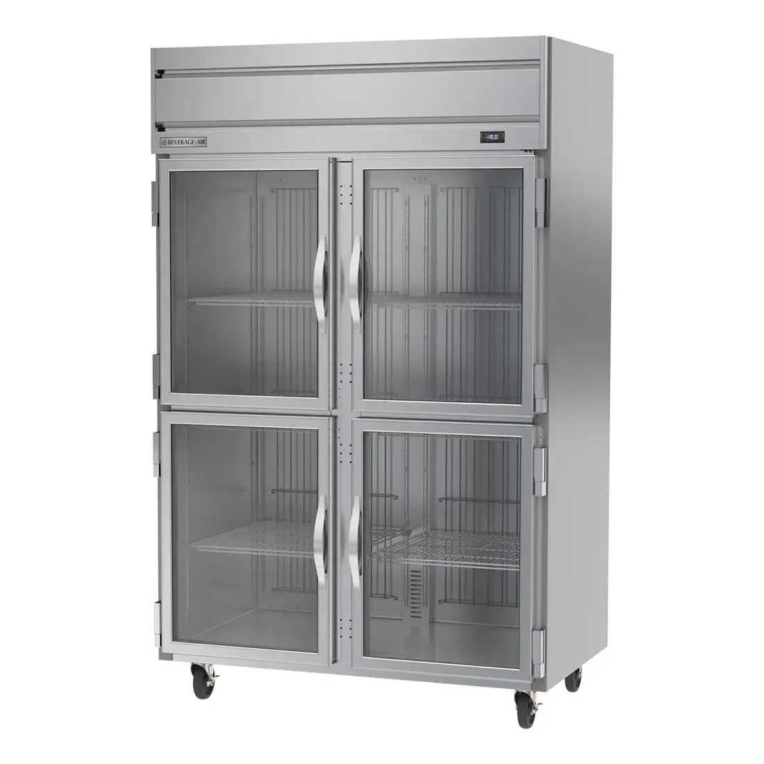 Beverage-Air two-section glass half-door reach-in freezer with stainless steel, top-mounted cooling, and clear doors for fast inventory checks.