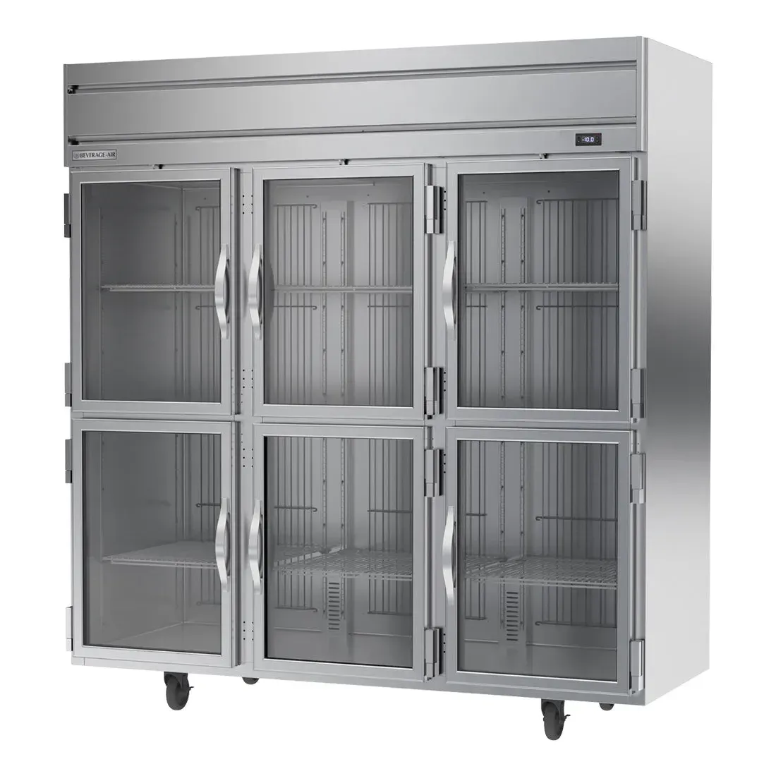 Beverage-Air triple-section glass half-door freezer, stainless body with clear doors for visible frozen storage in hotel and show kitchen displays.