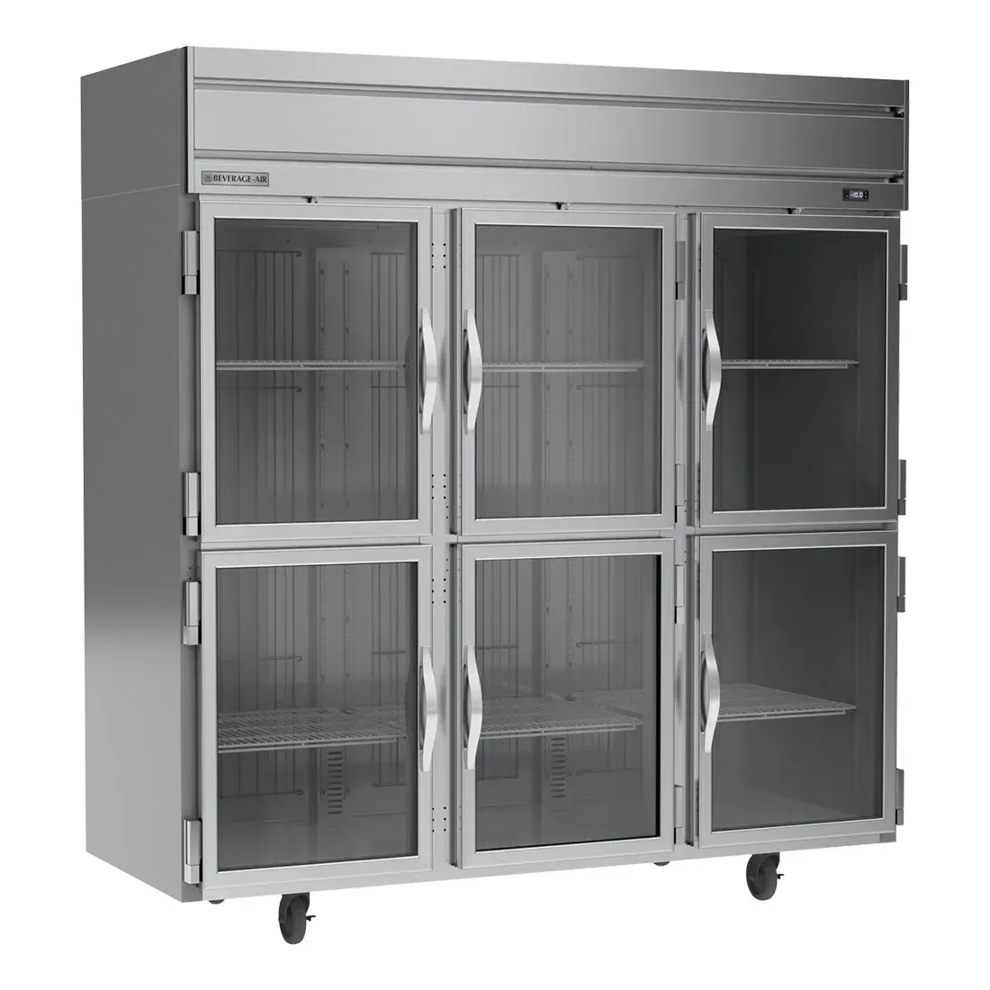 Beverage-Air triple half-glass door reach-in freezer for cafes displays frozen inventory clearly keeping consistent temperature in all compartments.