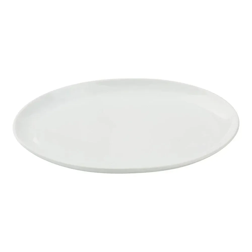 Yanco China white porcelain oval platter with smooth surface, curved edges, perfect for main dishes, appetizers, or shared portions.