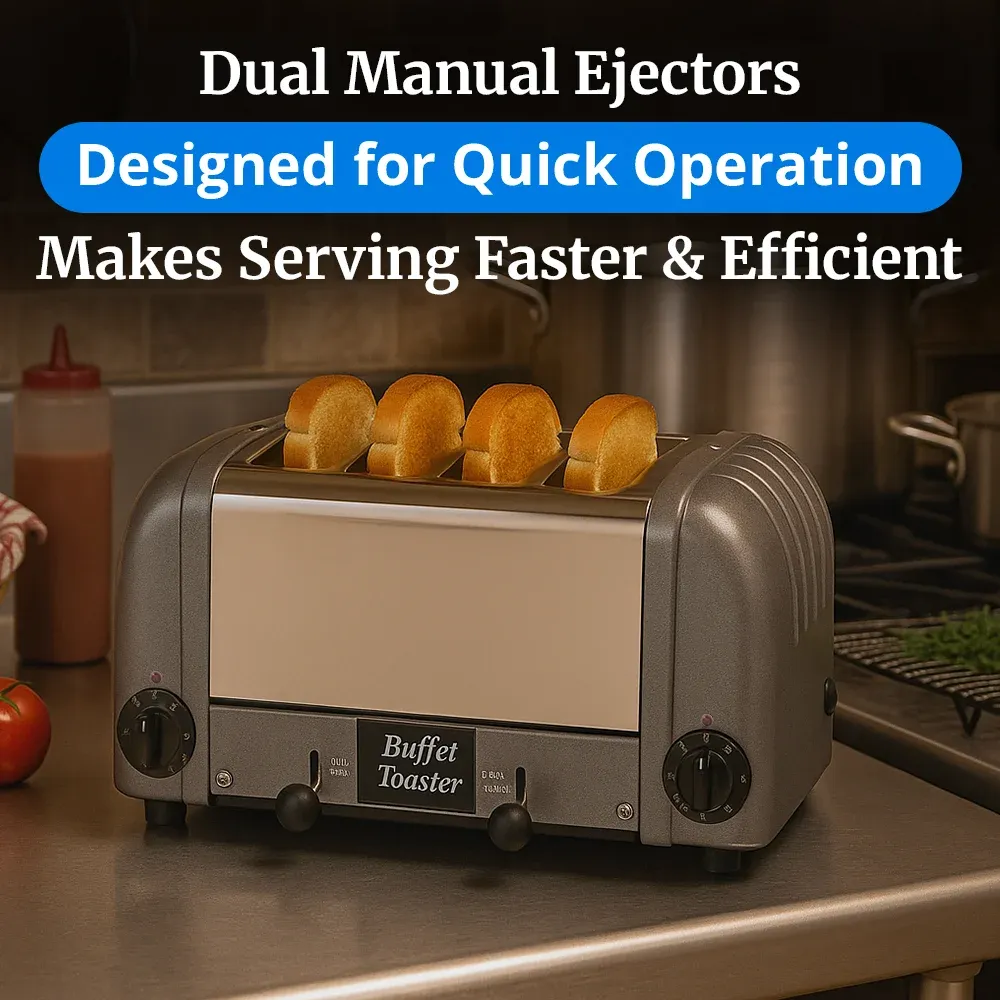 Cadco stainless steel buffet toaster with wide slots and sleek finish ensures even, golden toasting for bread and bagels at breakfast stations.