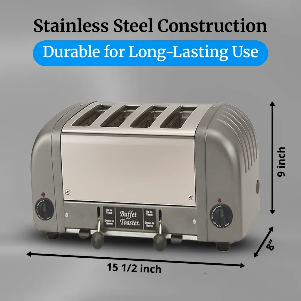 Cadco stainless steel buffet toaster with wide slots and sleek finish ensures even, golden toasting for bread and bagels at breakfast stations.