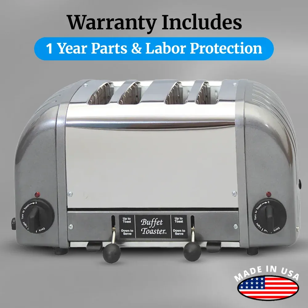 Cadco stainless steel buffet toaster with wide slots and sleek finish ensures even, golden toasting for bread and bagels at breakfast stations.