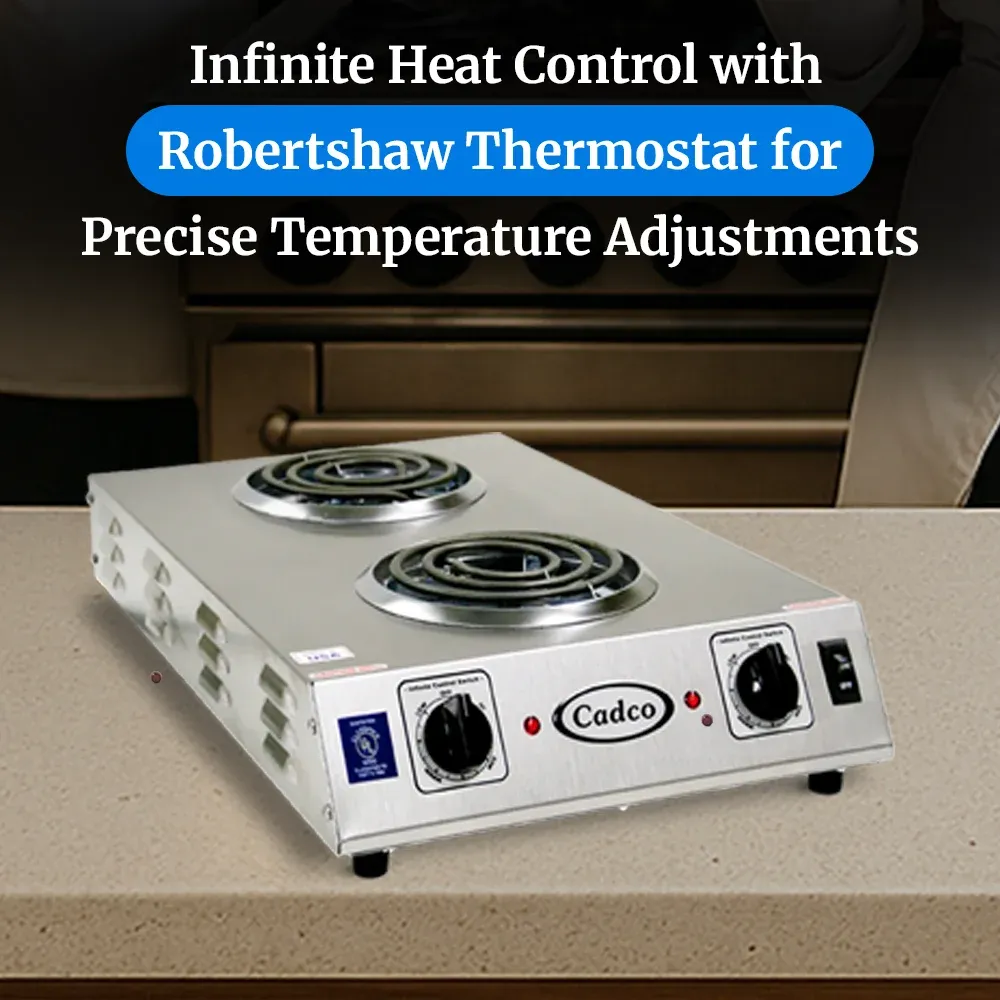 Cadco dual burner hot plate with tubular elements in stainless steel delivers powerful, compact cooking for mobile catering or backup prep stations.