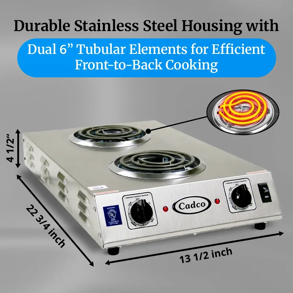 Cadco dual burner hot plate with tubular elements in stainless steel delivers powerful, compact cooking for mobile catering or backup prep stations.