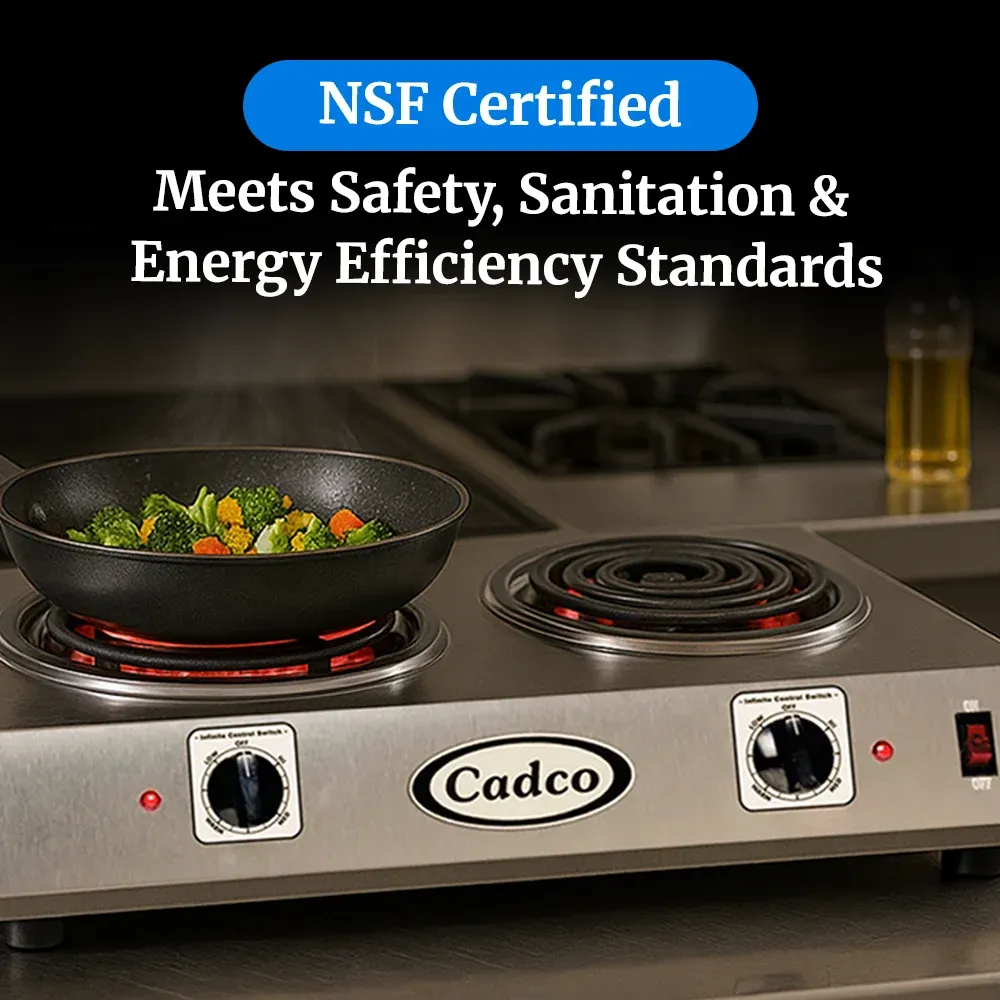 Cadco double burner hot plate with tubular elements in stainless steel delivers steady heat for sauces in tight kitchens or catering setups.