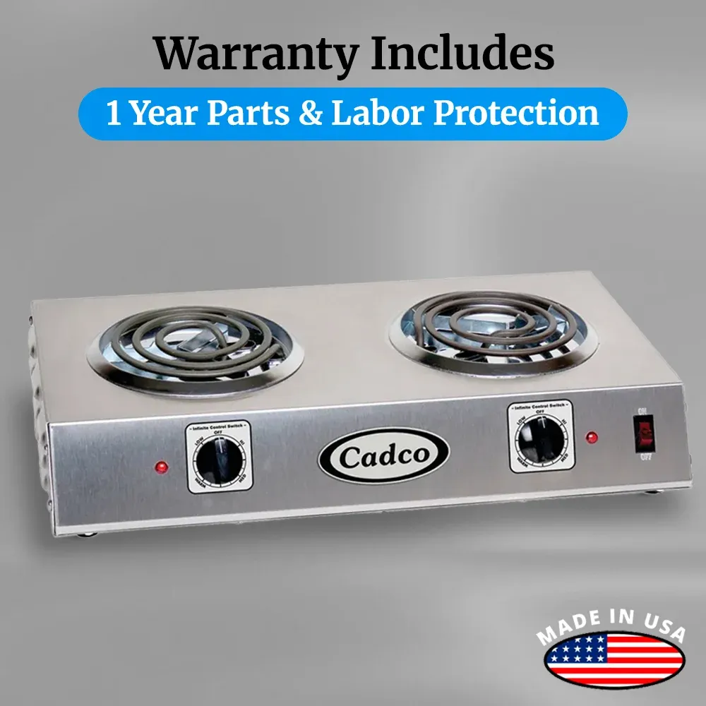 Cadco double burner hot plate with tubular elements in stainless steel delivers steady heat for sauces in tight kitchens or catering setups.