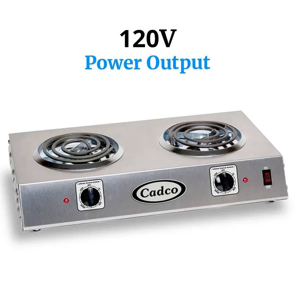 Cadco double burner hot plate with tubular elements in stainless steel delivers steady heat for sauces in tight kitchens or catering setups.