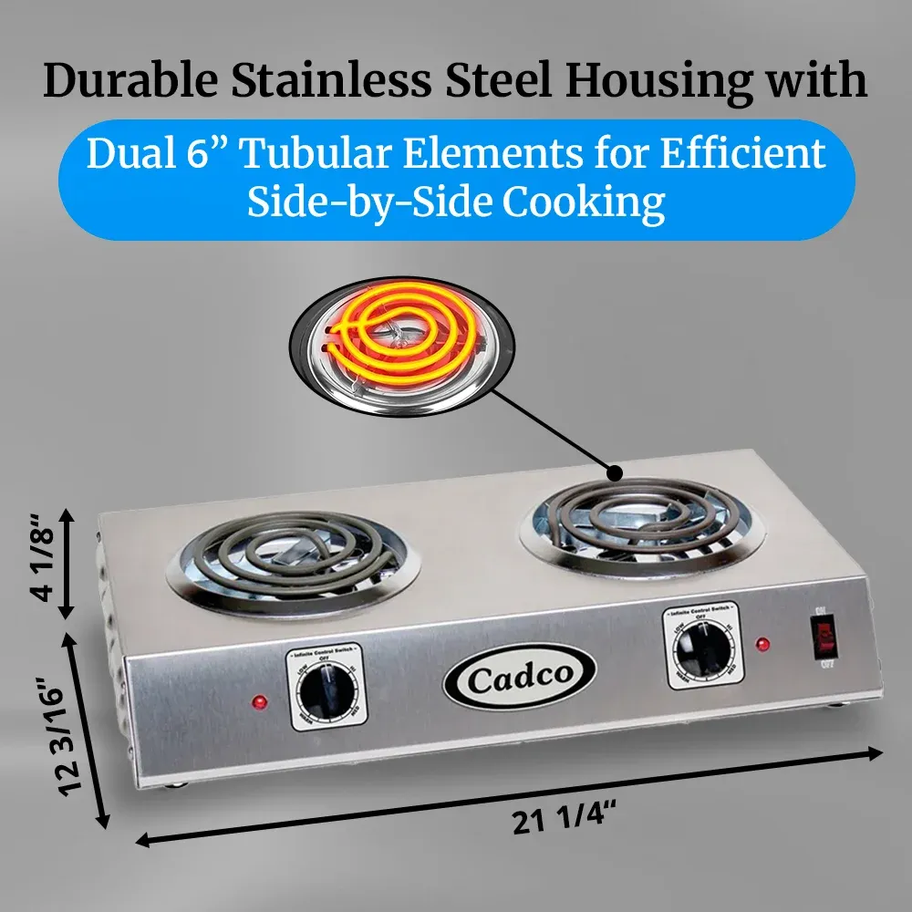 Cadco double burner hot plate with tubular elements in stainless steel delivers steady heat for sauces in tight kitchens or catering setups.
