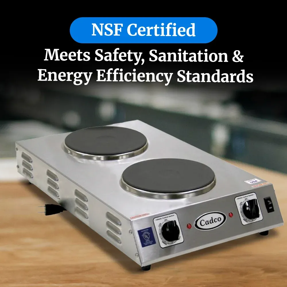 Cadco compact front-to-back hot plate with cast iron double burners in stainless steel housing ensures reliable heat for breakfast or buffet prep.