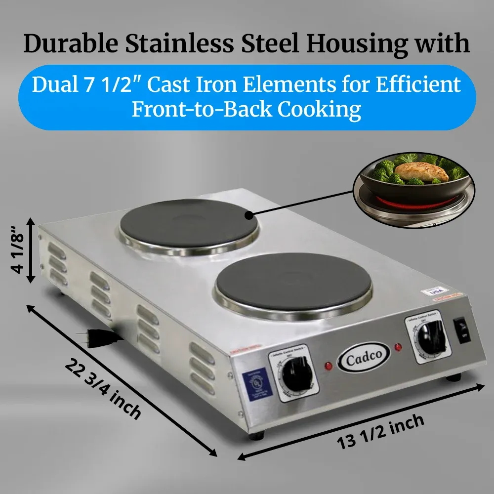 Cadco compact front-to-back hot plate with cast iron double burners in stainless steel housing ensures reliable heat for breakfast or buffet prep.