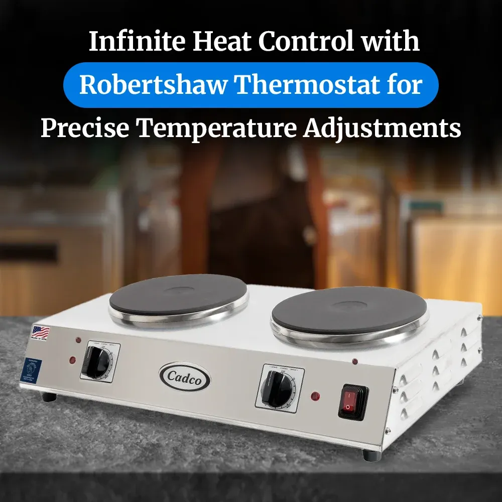 Cadco side-by-side double burner hot plate with cast iron elements in stainless steel fits tight counters and offers steady dual pan cooking power.