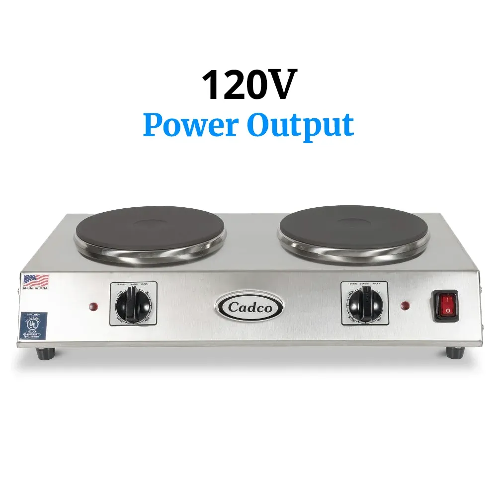 Cadco side-by-side double burner hot plate with cast iron elements in stainless steel fits tight counters and offers steady dual pan cooking power.