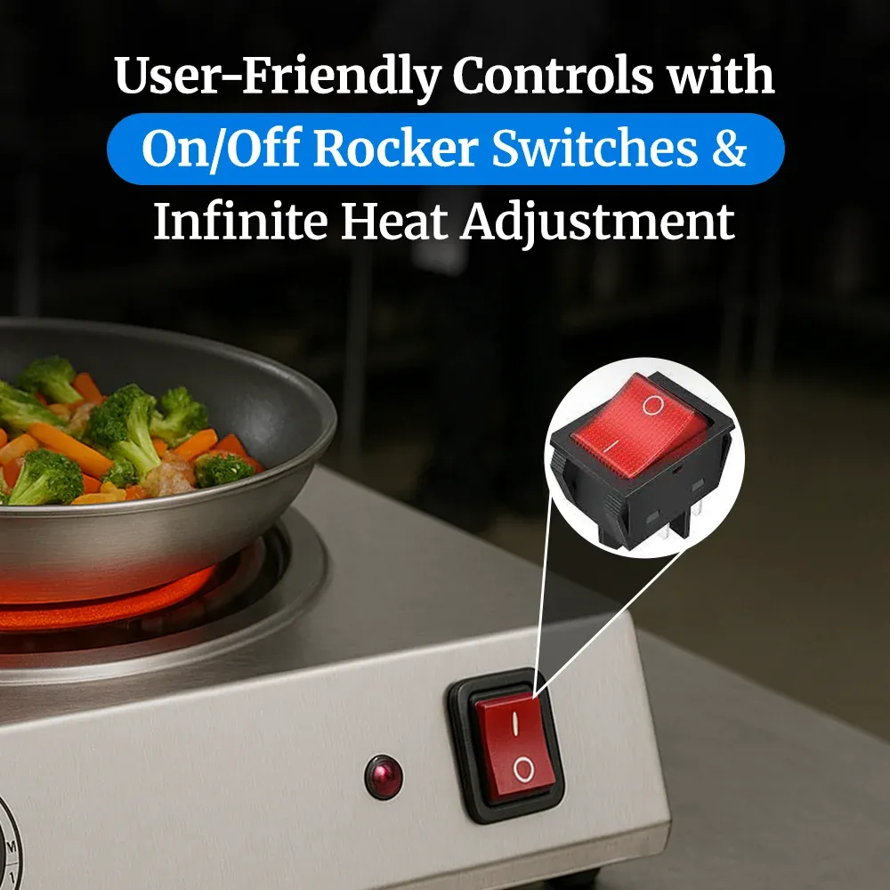 Cadco side-by-side double burner hot plate with cast iron elements in stainless steel fits tight counters and offers steady dual pan cooking power.