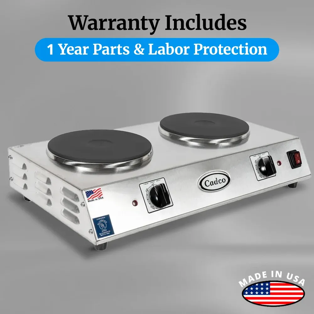 Cadco side-by-side double burner hot plate with cast iron elements in stainless steel fits tight counters and offers steady dual pan cooking power.