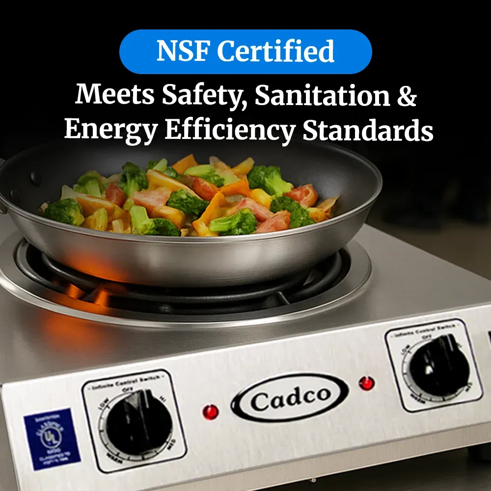 Cadco front-to-back double burner hot plate in stainless steel delivers dual-zone tubular heatperfect for compact commercial or home kitchens.