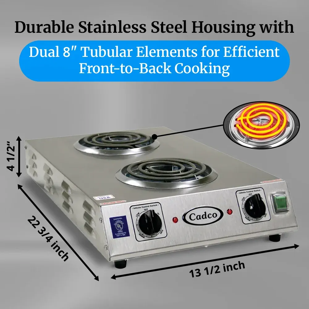 Cadco front-to-back double burner hot plate in stainless steel delivers dual-zone tubular heatperfect for compact commercial or home kitchens.