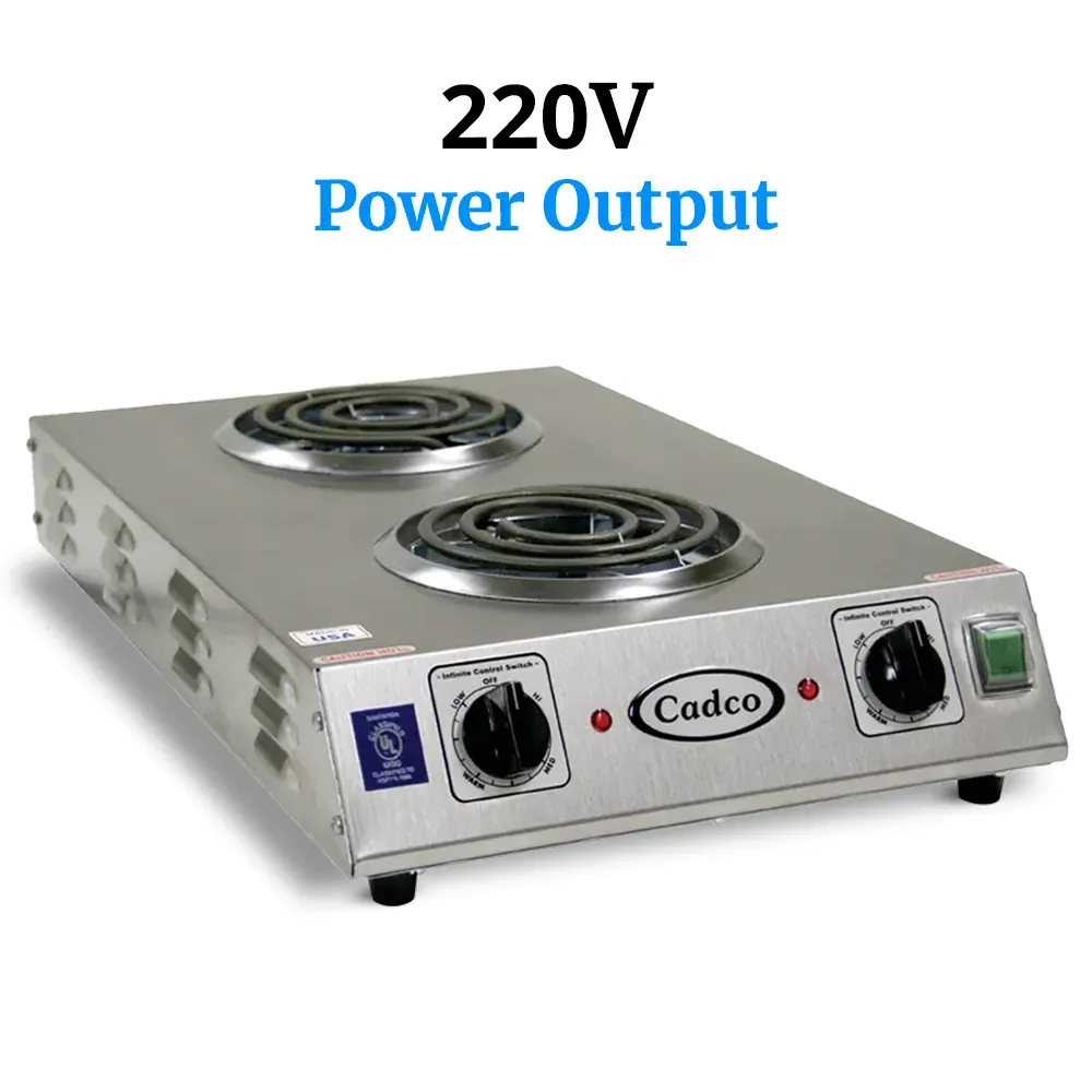 Cadco front-to-back double burner hot plate in stainless steel delivers dual-zone tubular heatperfect for compact commercial or home kitchens.