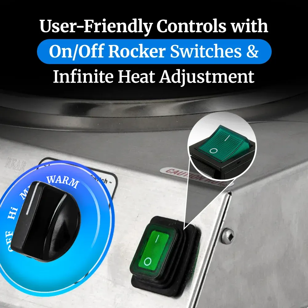 Cadco triple-duty double burner hot plate with cast iron elements in stainless steel supports simultaneous cooking in busy kitchens or catering setups