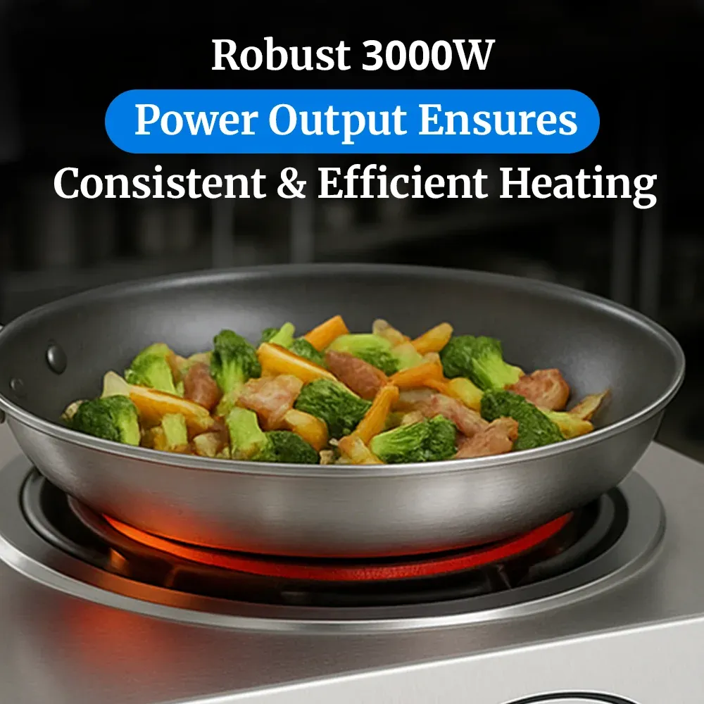 Cadco triple-duty double burner hot plate with cast iron elements in stainless steel supports simultaneous cooking in busy kitchens or catering setups