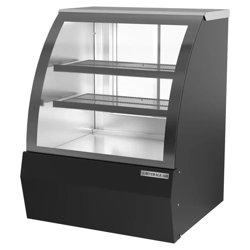 Black refrigerated curved glass bakery deli display from Beverage-Air is ideal for compact dessert or deli presentations in foodservice.